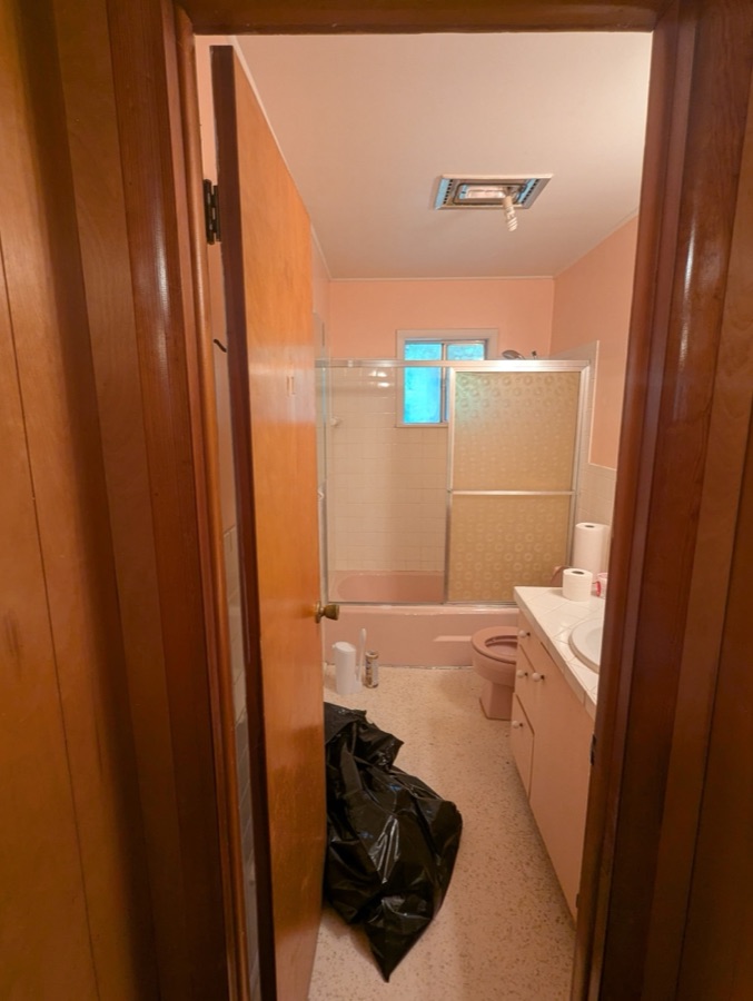 Bathroom update: new vanity, flooring, lighting, and fresh paint, before